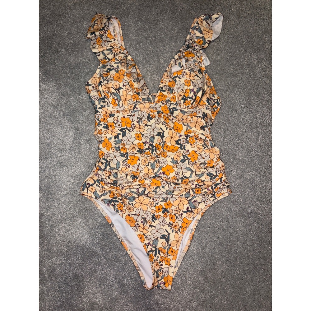 Cupshe Womens Floral Ruffle One Piece Swimsuit Orange Yellow Ruched V-Neck L NEW